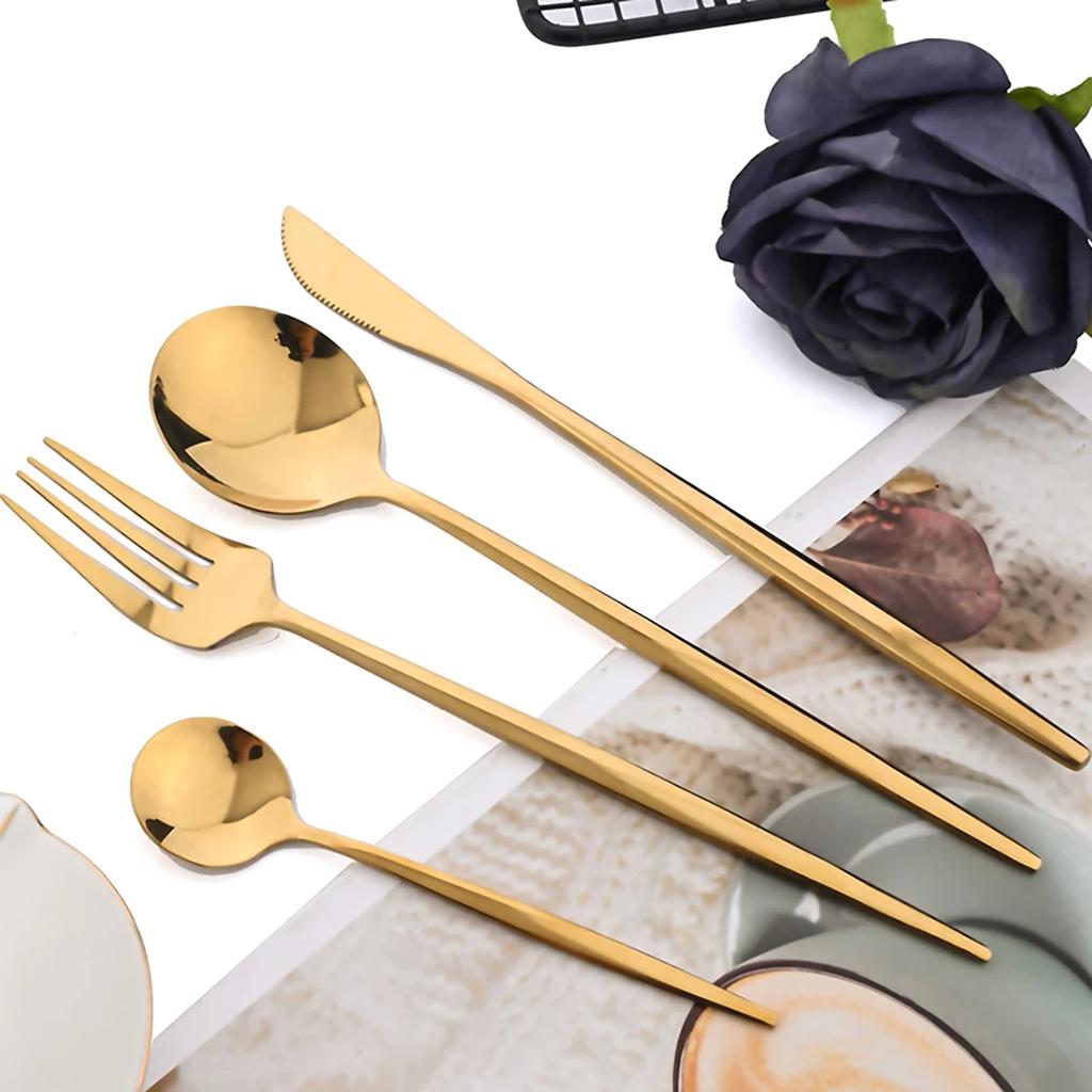 24pcs Flatware Set Stainless Steel Luxe Golden Cutlery Set Mirror Polished, Dishwasher Safe, Includes Knives Forks & Spoons