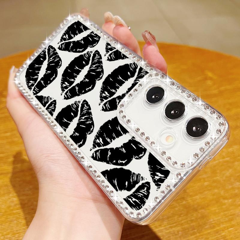Diamond Frame Lips Print Soft Silicone Case For Samsung S25 Edge S24 FE S23 Ultra S22 A16 A56 A36 A15 A55 A35 Clear Shockproof Phone Cover