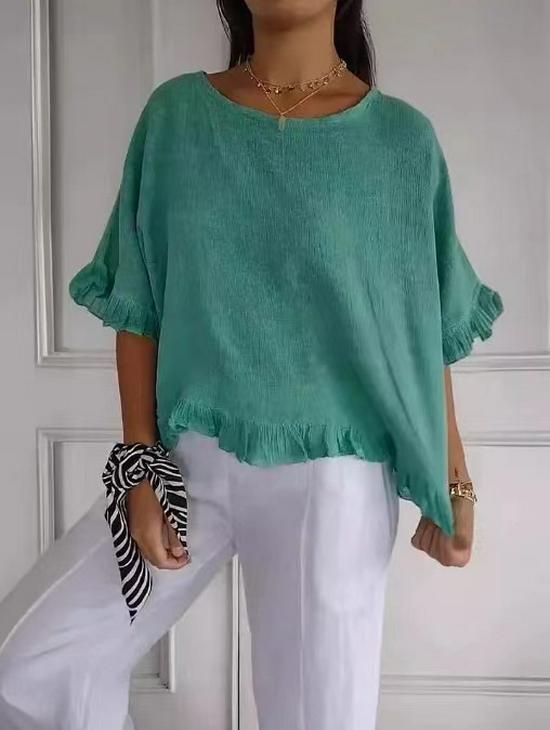 2026 Women s Cotton Linen Loose Fit Short Sleeve Shirt - European & American Style S зелёный