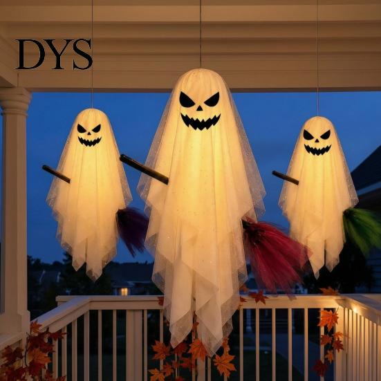 Multi Mode Lighting Ghost Halloween Lighted Hanging with Broom Decor, Flying Broomstick Ornaments Remote Control Party Lights Lights, 8 Modes & Timer,