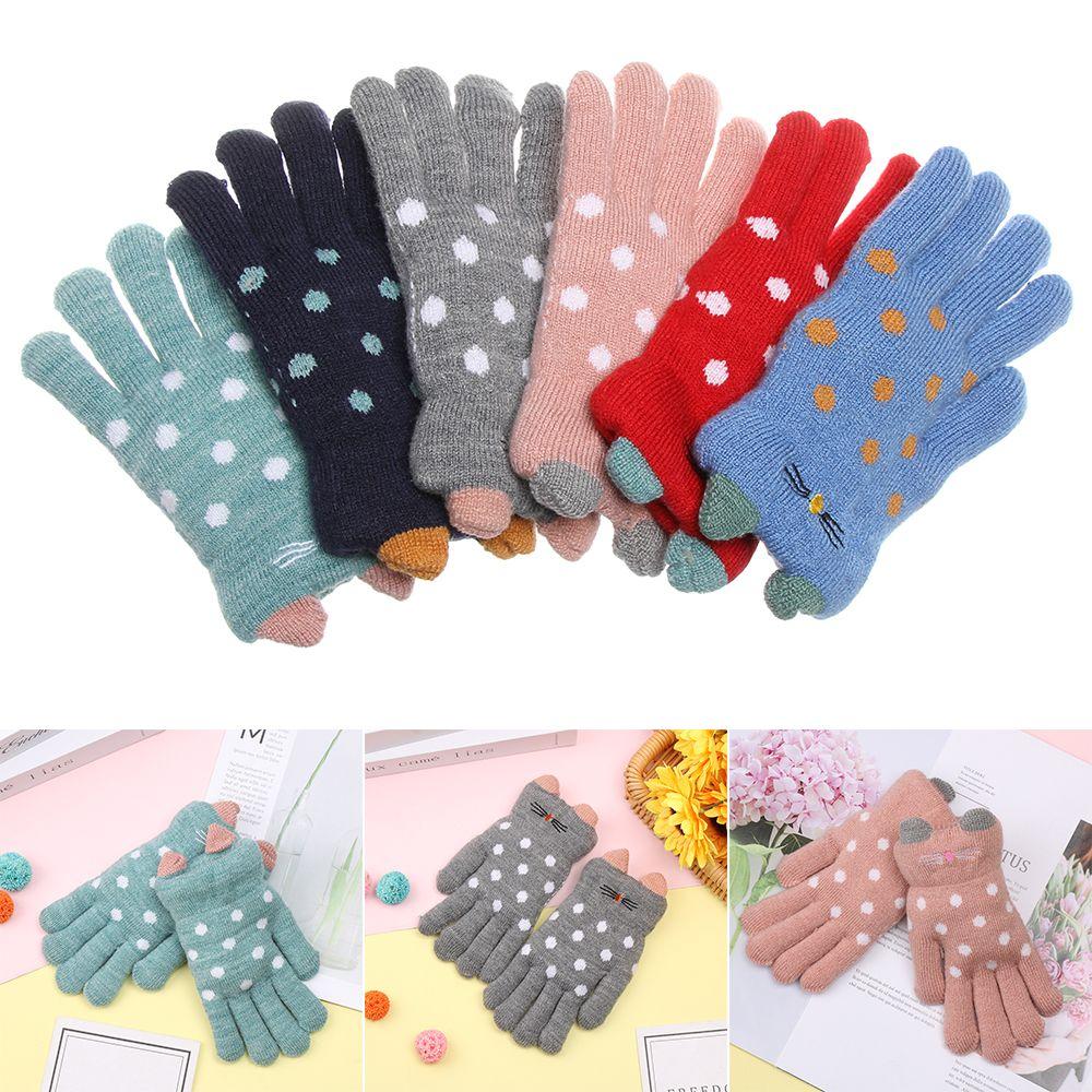 

1 Pair Cartoon Warm Knitted Children Gloves Cat Ear Decor Fingers Velvet