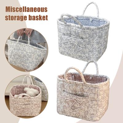 Quilted Fabric Storage Basket Large Capacity Boho Bag Foldable Floral Organizer Bin with Handles for Shopping Picnic Travel