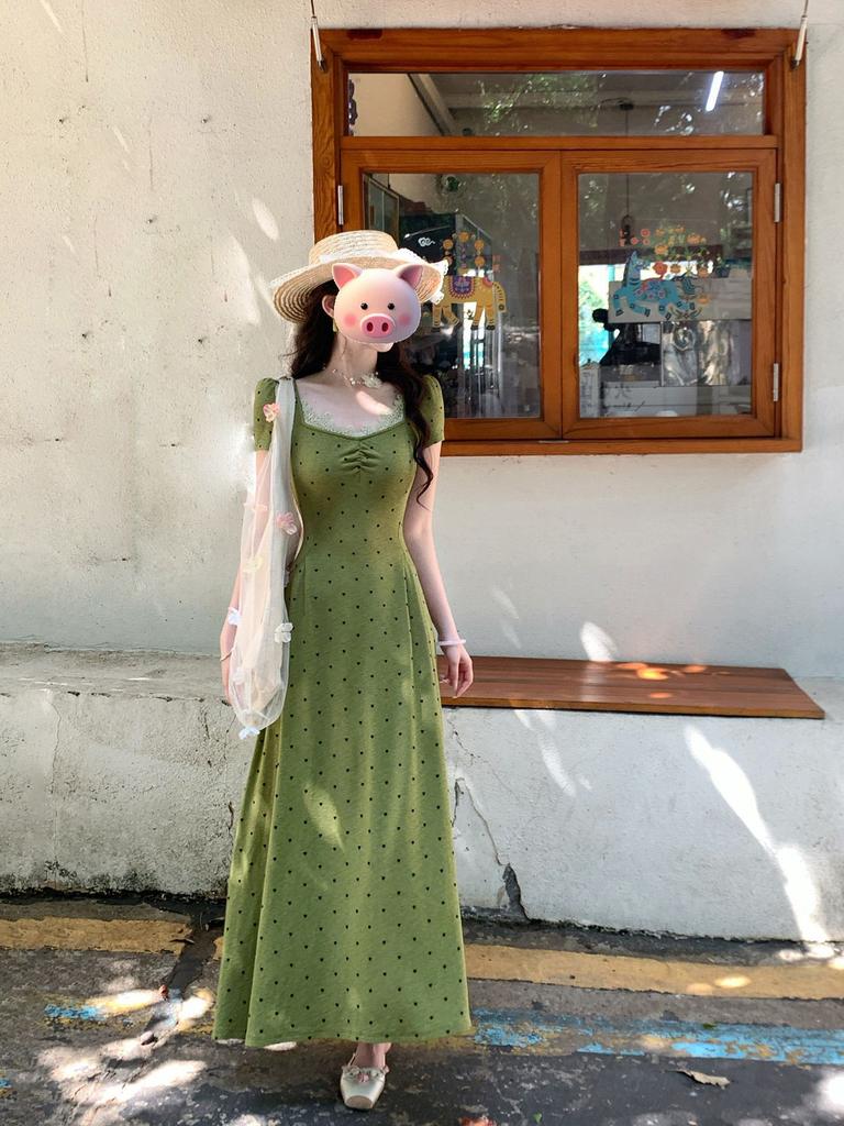 Celebrity Daughter Senior Sense French Age Reduction Polka Dot Square Collar Dress Summer New Korean Green Long Dress