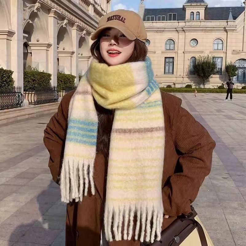 Korean Style Striped Retro Scarf for Women Embroidered Color Matching  Thickened and Warm in Winter  Simple Mohair Premium Scarf