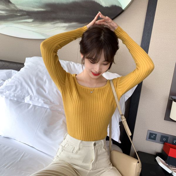 Square-neck Sweater Women's Pullover Autumn and Winter New Korean-style Slim-fit Top Knitted Tight Base Layer