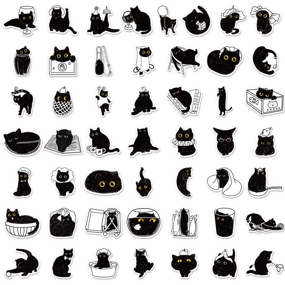 50PCS Lucky Black Cat Log Stickers Decoration DIY Handaccount Phone Case Notebook Skateboard Waterproof Stickers