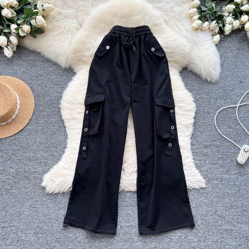 

American Fashion Casual Pants 2025 Summer Cargo Style Design Pocket Loose Wide Leg Straight Pants Mopping Pants Black L
