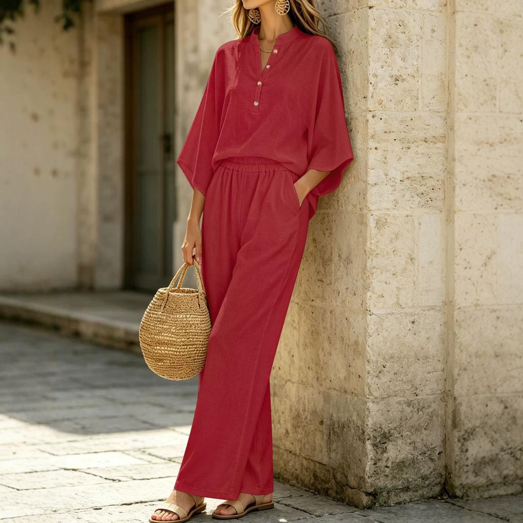 YYFS Moda Donna Casual Estate Primavera Colore Solido Stampa Manica 3/4 Scollo a V Pantaloni Completi Pantaloni