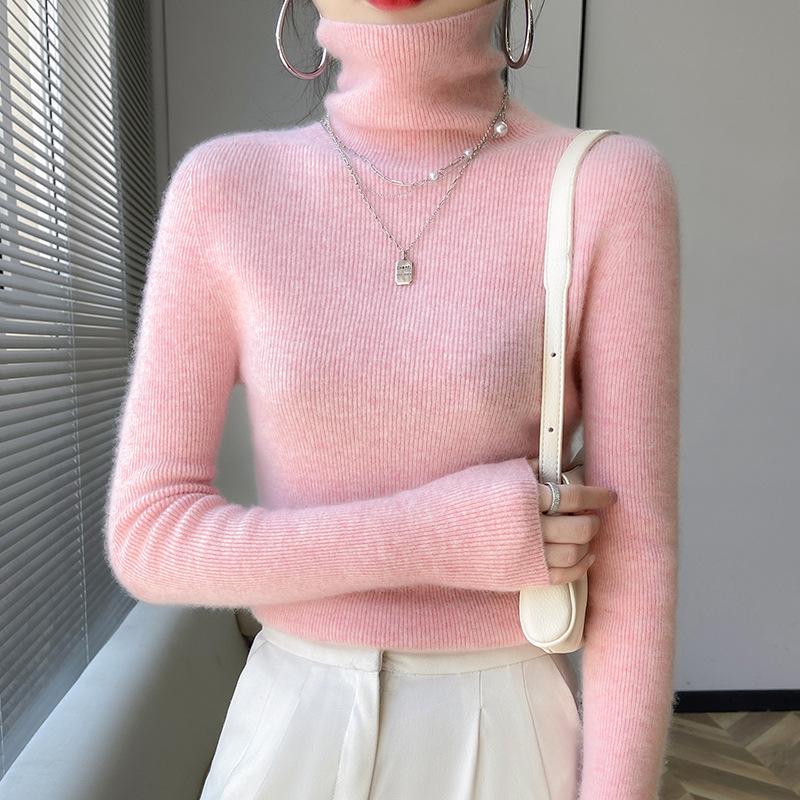 Women's Slim-Fit Ribbed Cashmere Sweater - Solid Color, High-Neck, Knitted Top for Autumn/Winter