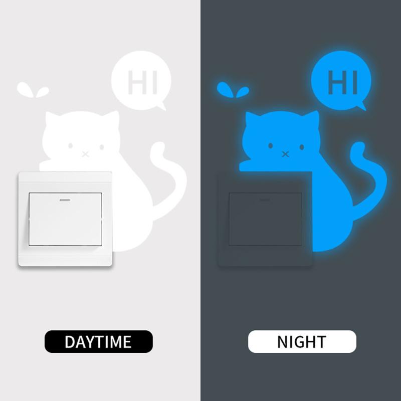 Luminous Switch Stickers Cartoon Hi Cat Wall Stickers Glow In The Dark For Children Room Living Room