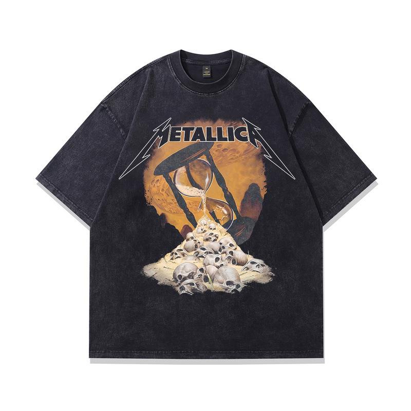 Men'S American Retro Rock Print Washed Old T-Shirt Vintage Trendy Brand Pure Cotton Half Sleeve Men