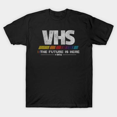 Camiseta masculina preta estampada super grande camiseta vintage VHS - O futuro está aqui sem cortes papel de transferência estampado camiseta de algodão