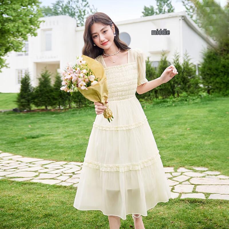 Women s Square Neck Puff Sleeve High-Waist Smocked Midi Dress L