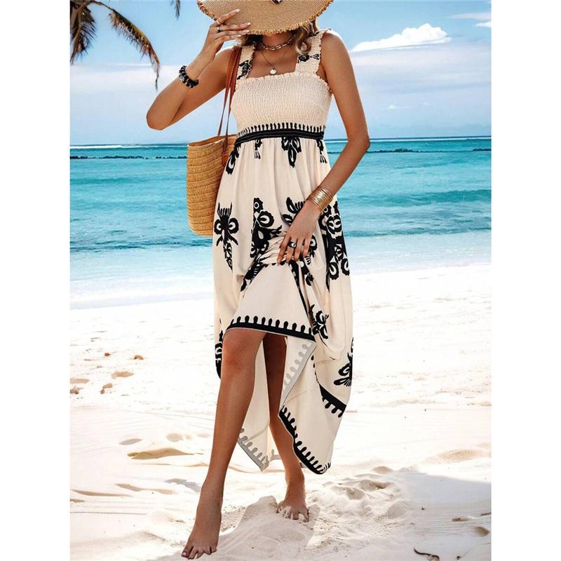Summer New Style Women's Ladies Dress Printed Front Cross Sleeveless Loose Casual Beach Dress