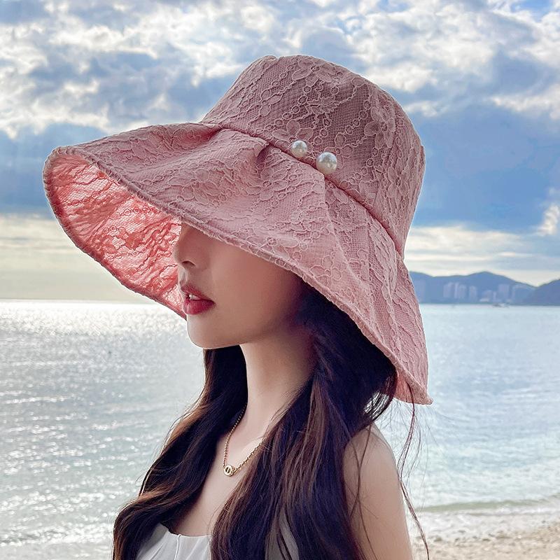 Elegante faltbare Spitzen-Sonnenhüte für Damen Mädchen Weiß Imitation Perle Breiter Rand Baumwolle Sommer Sonnenschutz Panama Damen Strandkappen