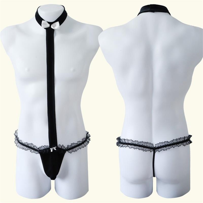 Men Sexy Thong Jumpsuit Lace Trim Bow Detail Camisole for Muscular Men Intimate Wear