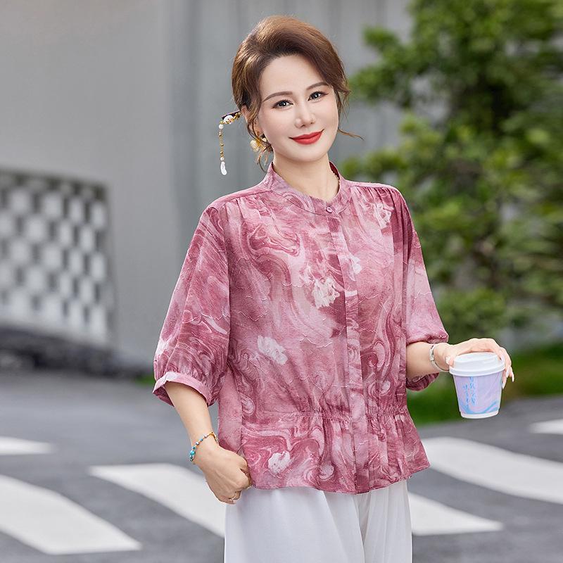 

Summer 2026 Chiffon Shirt Set for Women 50s-60s: Elegant Mid-Sleeve & Printed Design XL [Weight 90-105 Jin]