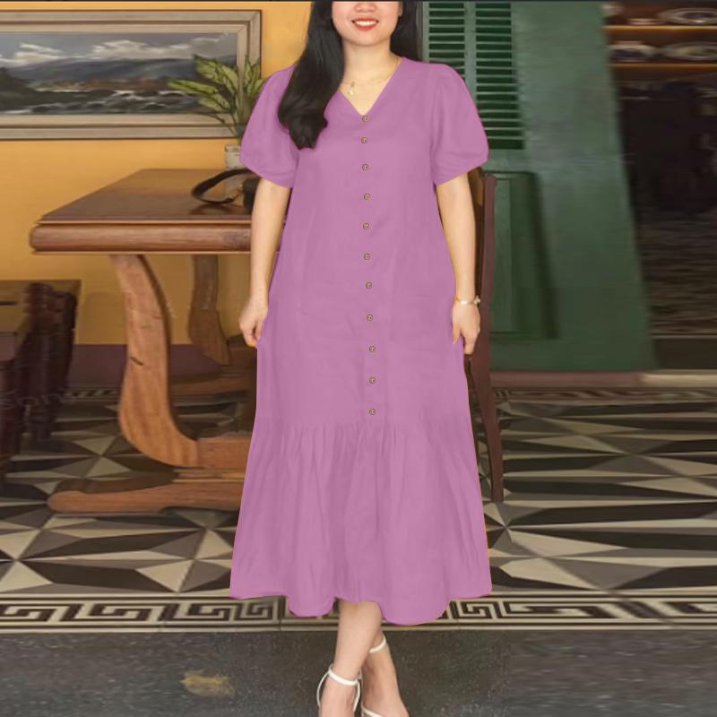 ZANZEA Women Summer V-Neck Solid Color Loose Short Sleeve Dress