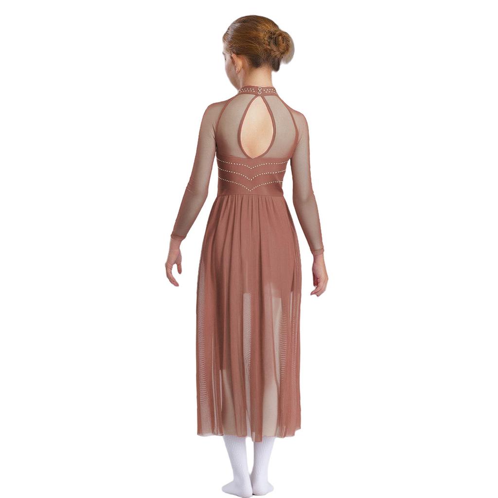 Mädchen Performance-Kleid Strasssteine Transparenter Mesh Patchwork Design Fließender Rock mit Schlitz Schlüsselloch-Rücken Body