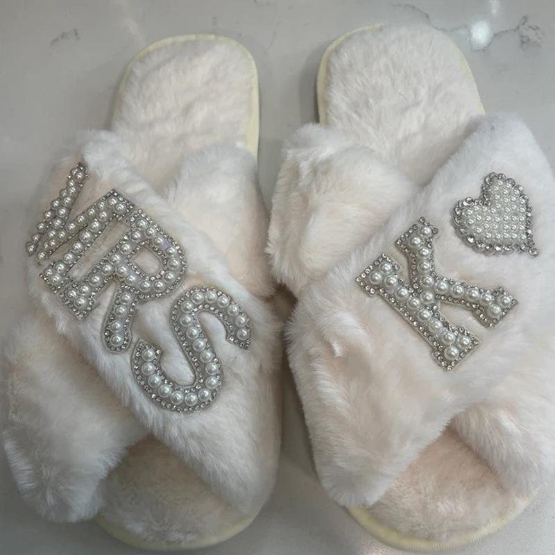 Women Home Furry Slippers Fork Strap Bride Wedding MRS Slippers Cozy Indoor Footwear