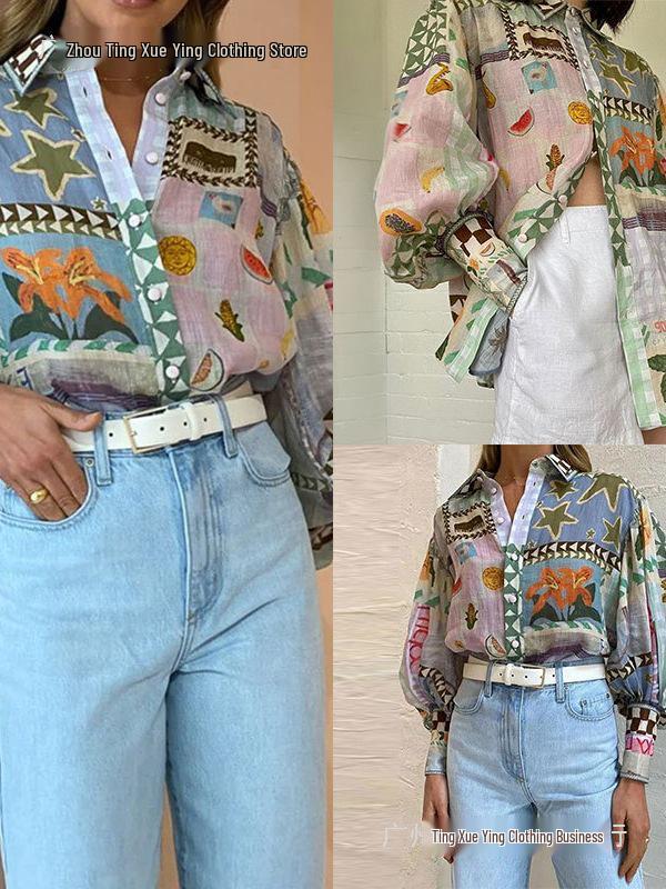 European & American Women's Long Sleeve Printed Shirt - Casual, Fashionable, Lapel Design for Business and Everyday Wear.