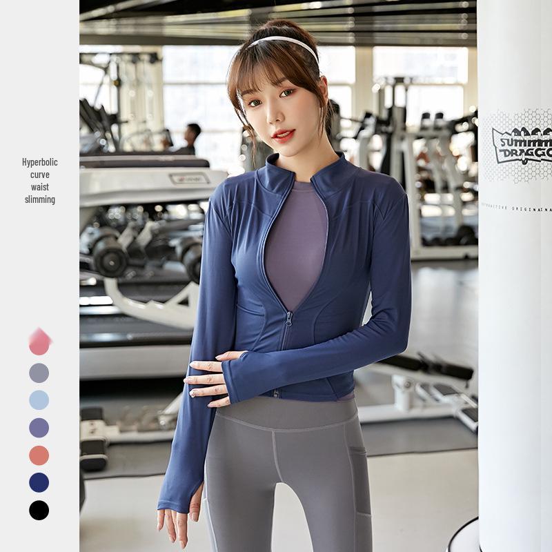 Pfirsichfarbene Fitnessjacke: Schnelltrocknendes Langarm-Sportoberteil mit Reißverschluss und Stehkragen für Yoga im Frühling und Herbst