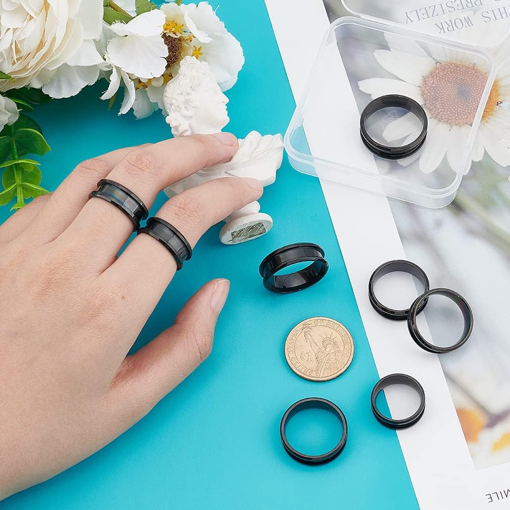 UNICRAFTALE 16pcs Stainless Steel Black Finger Ring - 8 Sizes Blank Core for Inlay Round Grooved Empty Blanks With Velvet Pouches for Jewelry Making