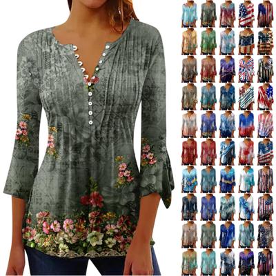 Button-Down-Hemden für Damen, bedruckte Tunika, Sommer-Oberteile, elegante, lässige Glocke, 3/4-Ärmel, V-Ausschnitt, Frühlingsblusen