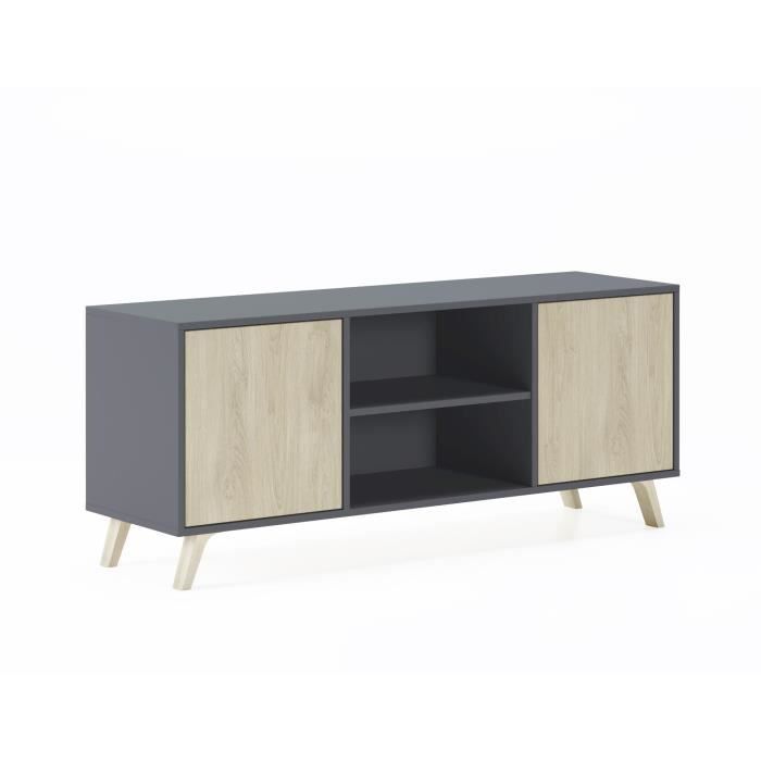 Meuble TV 140, salon, WIND, couleur Gris Anthracite-Chêne, 140x40x57cm, RF616