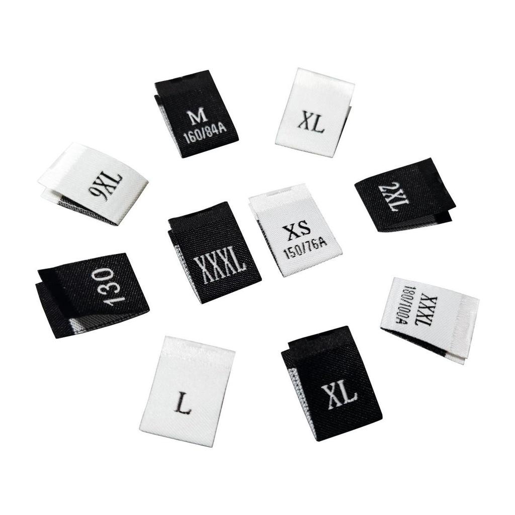 In-Stock Men's & Women's Woven Size Labels: Custom Black & White Trendy International Brand.