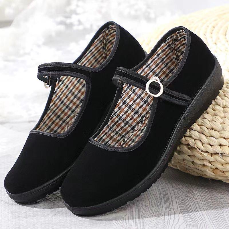 Women's Black Old Beijing Cloth Shoes - One Strap, Non-Slip, Ideal for Work, Dance & Everyday Comfort.
