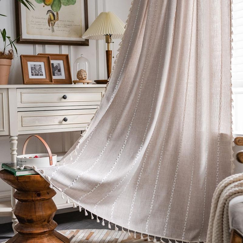 Curtain Half Blackout Cotton Linen Stripe Embroidery Orange Tassel American Curtain for Bedroom Bay Window Curtain Finished