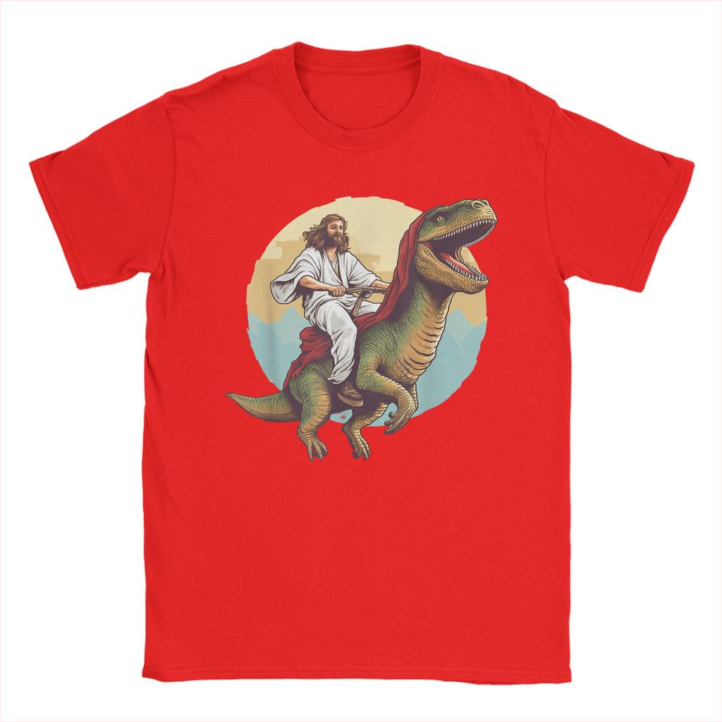 Summer Jesus Riding a Dinosaur Meme Fashion TShirts 100 Cotton Tee Shirt for Unisexs Awesome Plus Size Short Sleeve Top Tees