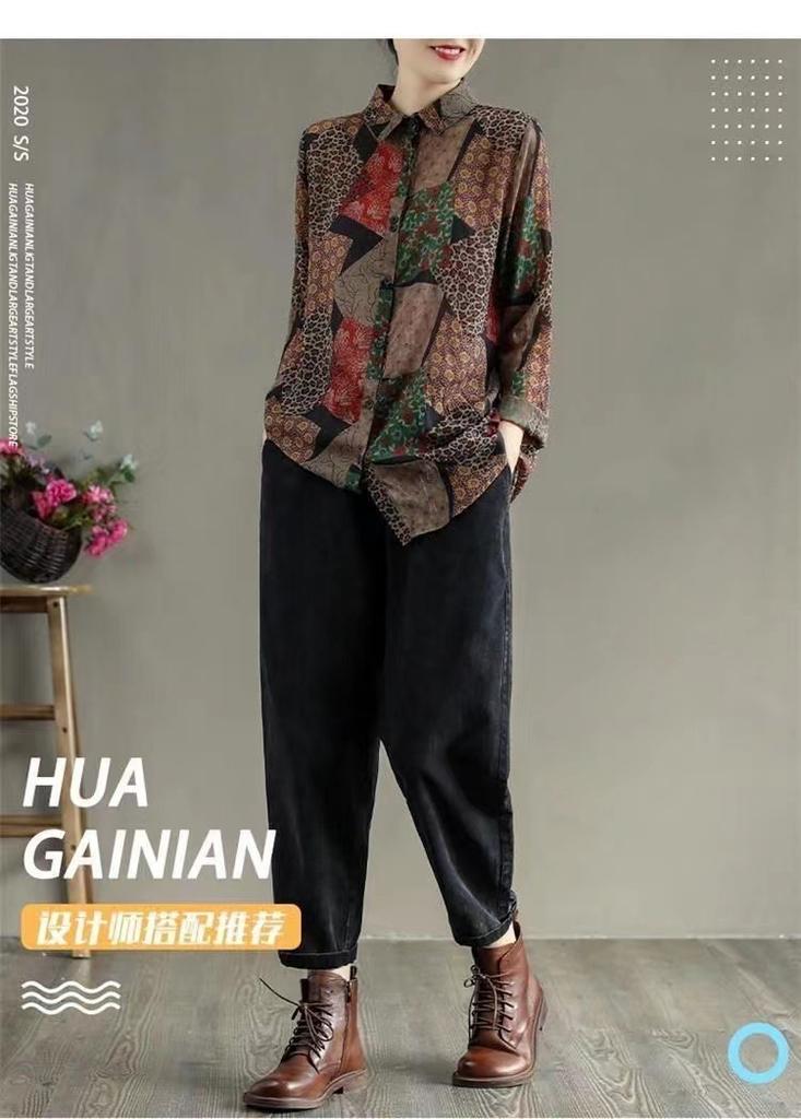 Non-real shot, retro printed shirt women's cotton and linen literary loose casual long-sleeved top 1116 spring and summer new models