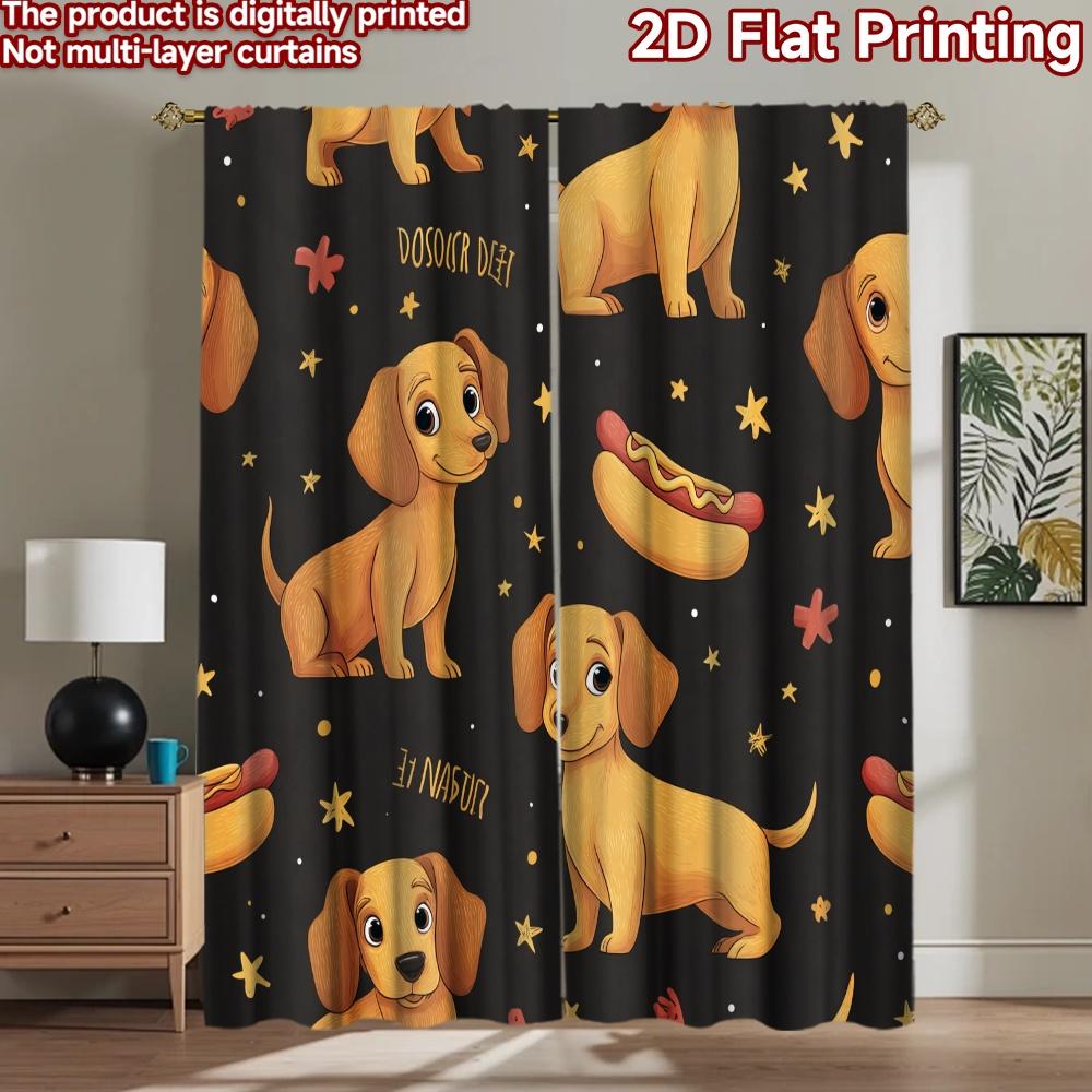 2D flat printing 2pcs Window Treatment Curtains Cute Dachshund Starry Night Digital Printed Polyester Drapes Festive Wall Decor