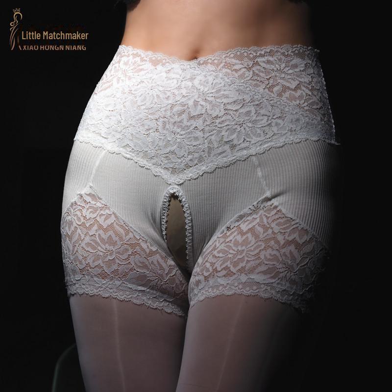 Glänzende weiße Spitze Open Crotch Strumpfhose - Schwarze durchsichtige Strümpfe für Damen