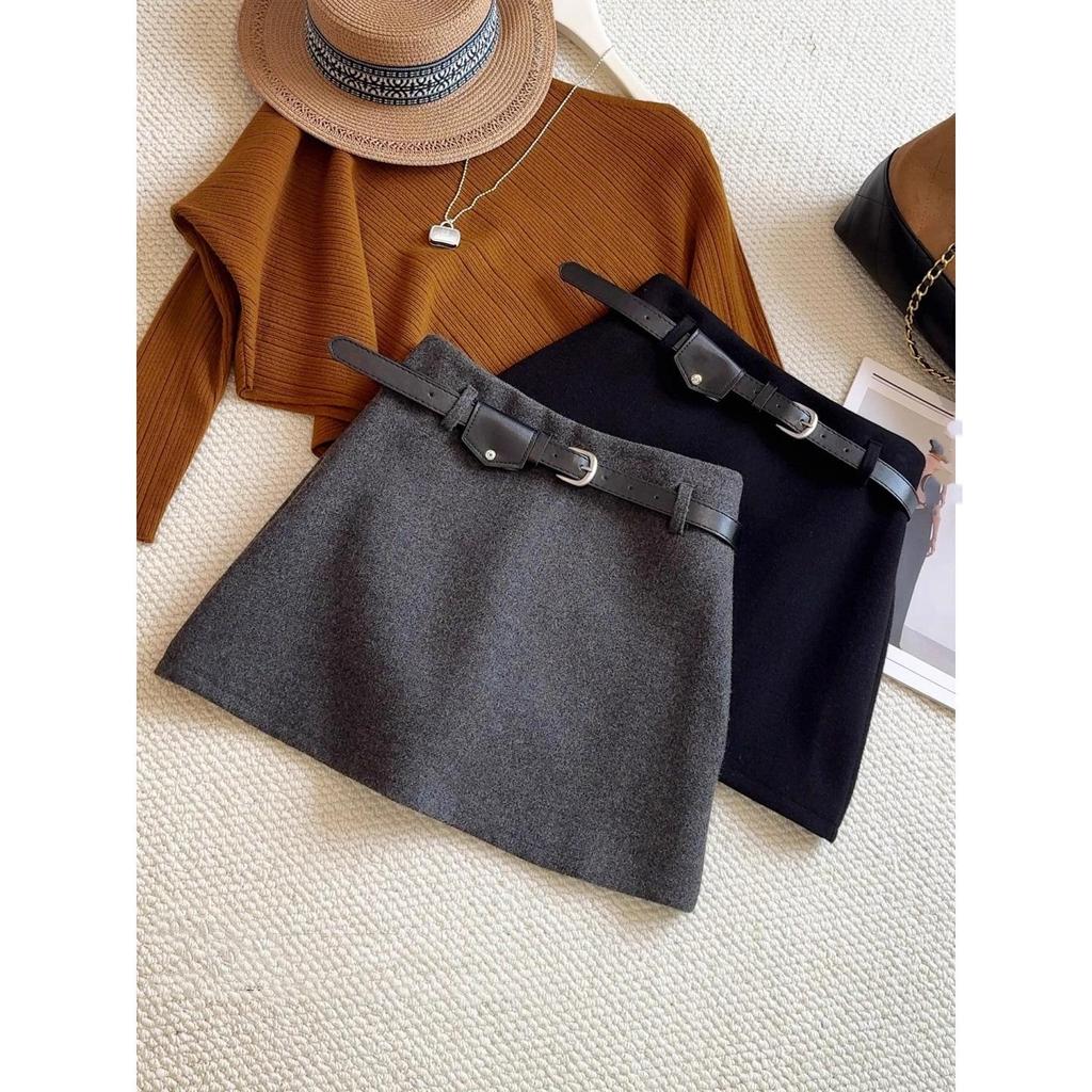 Women's Plus Size Gray A-Line Wool Skirt with Belt - Thick, Hip-Hugging Half Skirt for Spring and Autumn