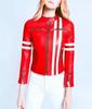 Women's Biker Festive White Stripped Red Leather Jacket Motorcycle Wear Jacket