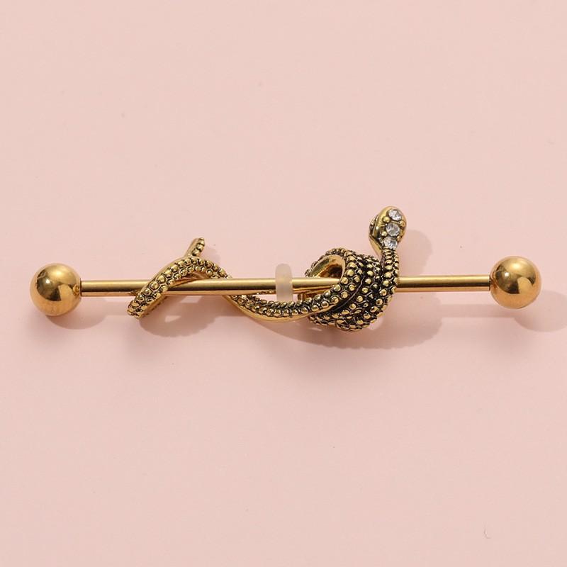 Stainless Steel Long Ear Bridge Piercing Jewelry With Small Gold Snake Bee Double Holes