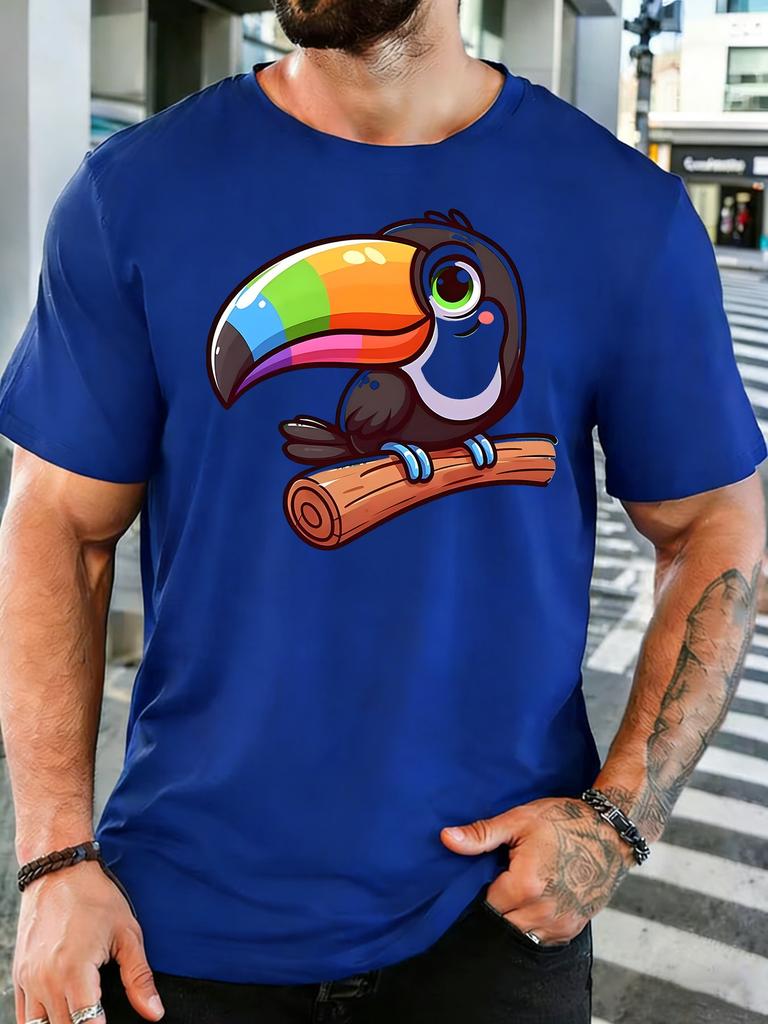 Unisex Soft Cotton Crew Neck Tee Cute Cartoon Rainbow Beak Toucan Perched On Branch Print Loose Animal Tropical Daily Holiday Tops