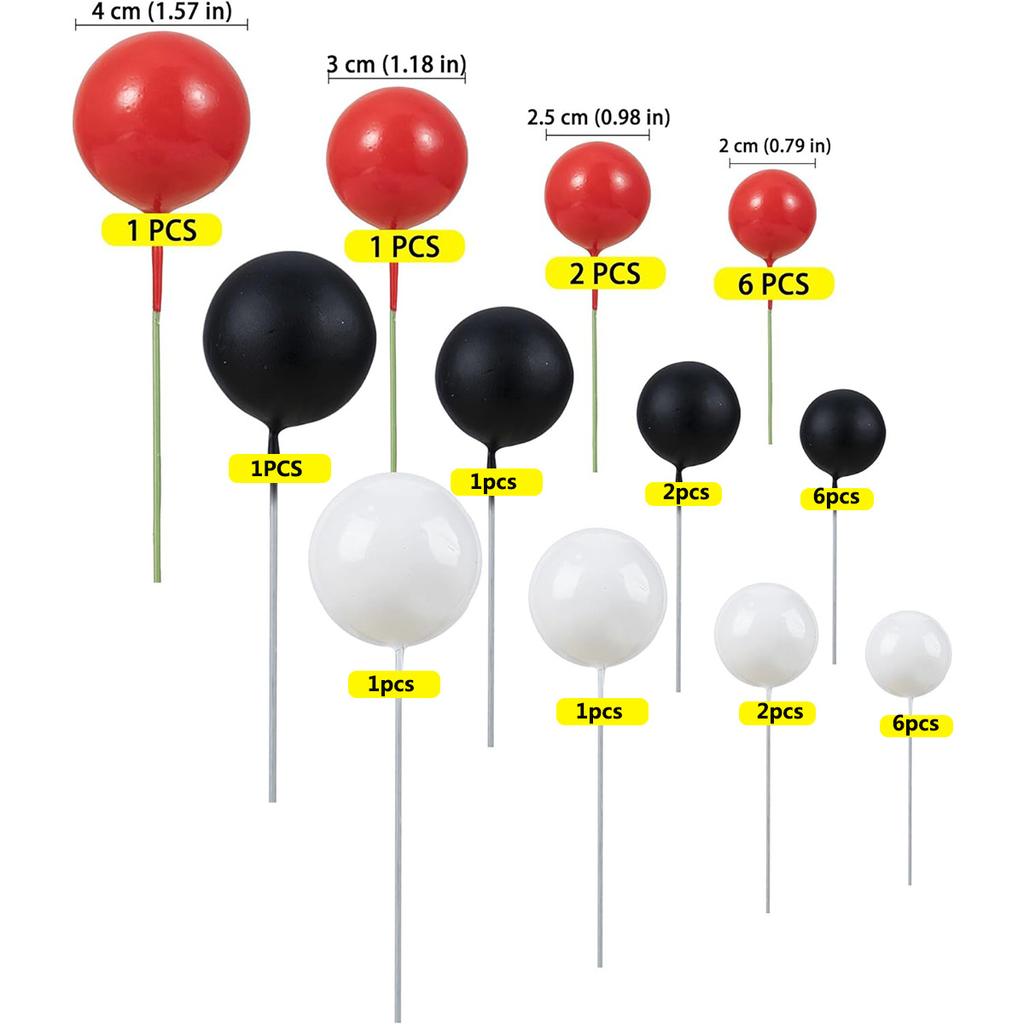 30 Stück Ball Kuchen Topper Stäbe Schaumstoffbälle Kuchenspieße Kuchen Dekorationen für Hochzeitsfeier Geburtstagstorte Dekoration Rot Schwarz Weiß
