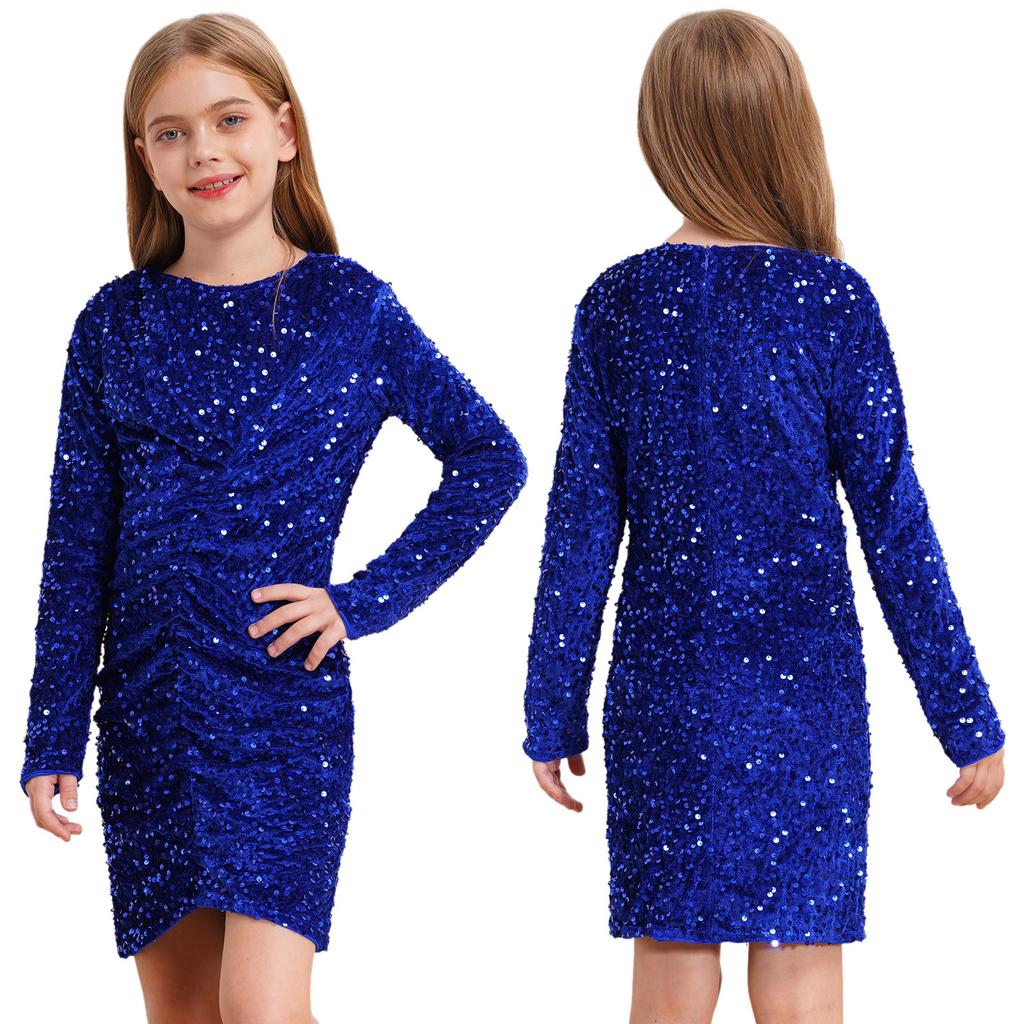 Girls Glitter Sequin Party Dress Long Sleeve Velvet Ruched Front Bodycon Gown for Birthday Prom