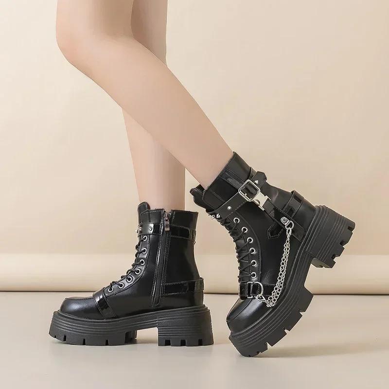 Fashion New Women's Biker Boots Patent Leather Breathable Zipper Lolita Platform Boots Autumn New Retro Gothics Botines Chelsea