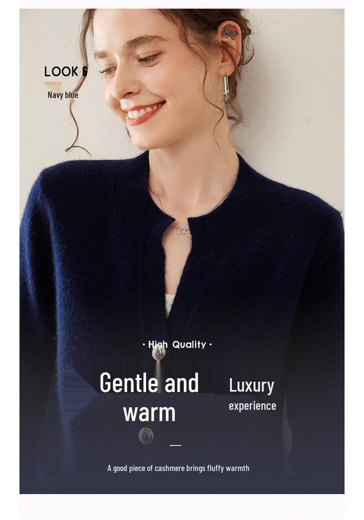 Women's Cashmere Knit Cardigan - Autumn/Winter, Single-Breasted, Round Neck, Loose Fit, Slimming, Solid Color.