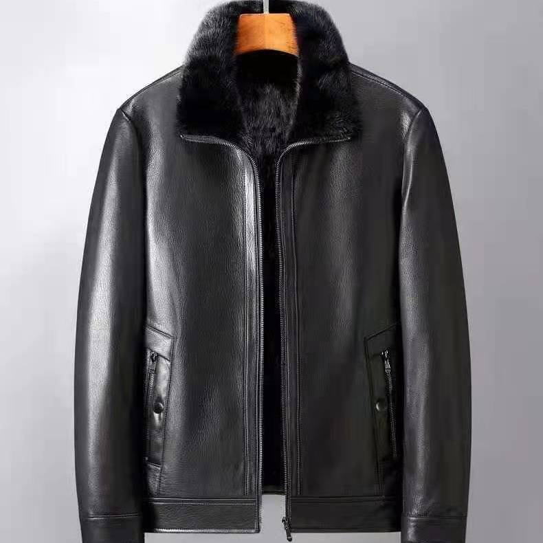 

Мужская кожаная куртка под норку, зимняя, новая, с флисовой подкладкой, утолщенная, кожаная, с мехом 165/86A 50 yards 80-50kg чёрный