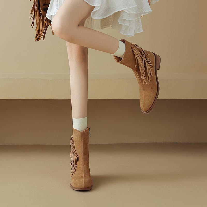 Krazing Pot Cow Suede Nubuck Autumn Winter Shoes Med Heels Size 42 Modern Boots Round Toe Zipper Tassel Ankle Boots