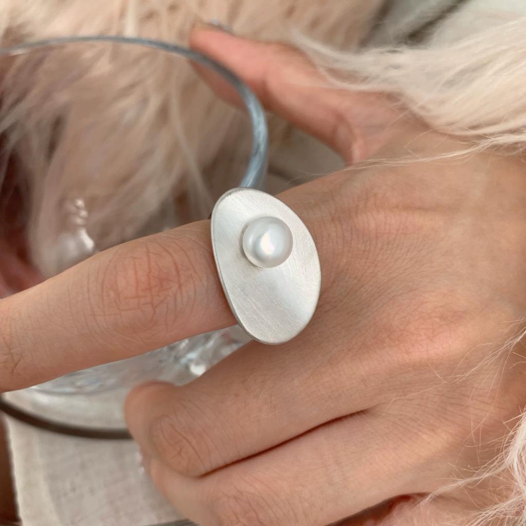 PANJBJ 925 Silver Frosting Geometry Ring for Women Wide Texture Versatile Handmade Ins Jewelry Gift
