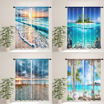 2pcs, Beach Scenery Sunset Ocean Window Decorative Curtains,  For Living Room Bedroom Dining Room Kitchen Farmhouse Home Decor