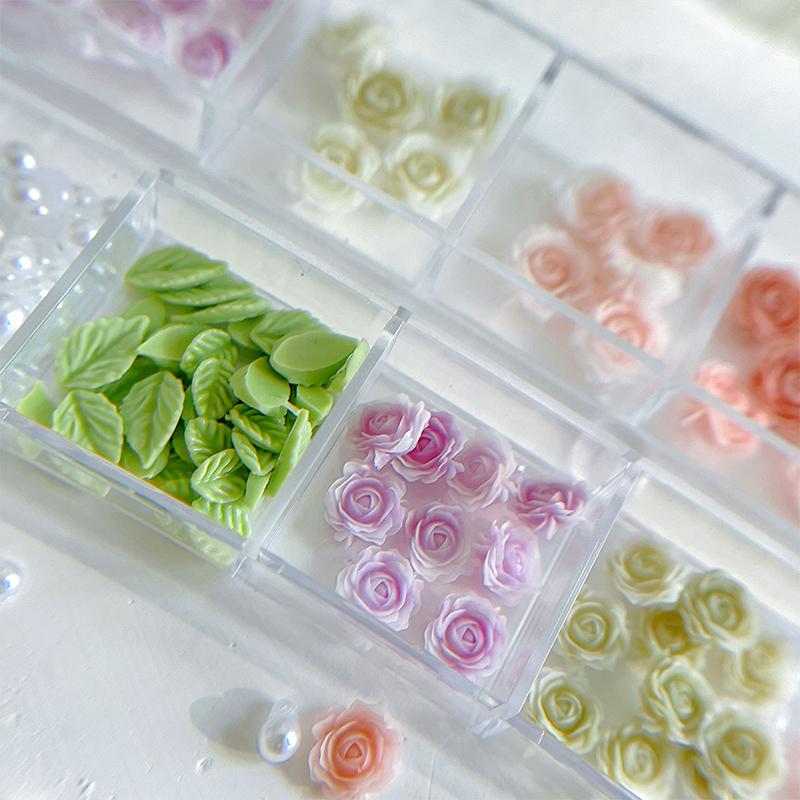 1Box 12 Grid Diy Nail Art Decor 3D Roses Garden Nail Drill Mixed Flowers Leaf Pearl Manicure Diamond Manicure Design Accessories
