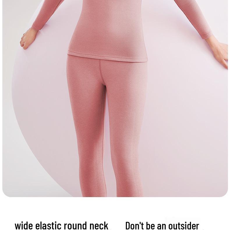 Women's Round Neck Slim Fit Thermal Underwear Set with 7A Antibacterial 100% Wool Filling - Autumn/Winter.